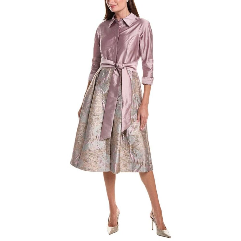 Teri Jon By Rickie Freeman Womens Taffeta Jacquard Floral Shirtdress, Purple